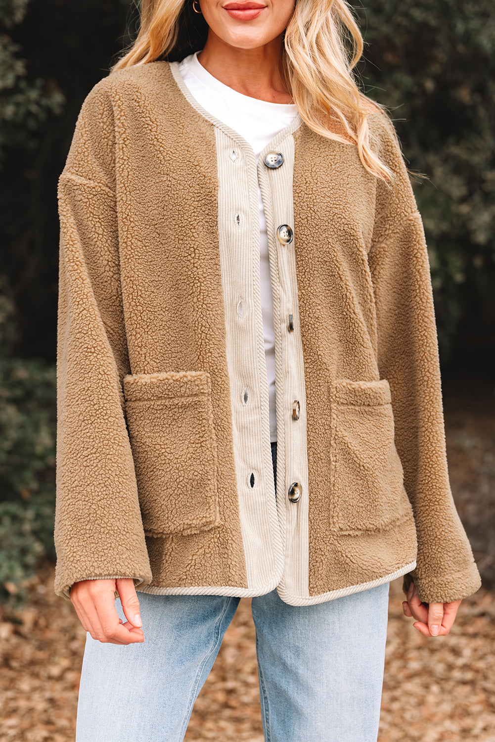 Light French Beige Puffy Plush Corduroy Edge Patchwork Jacket with Big Pockets