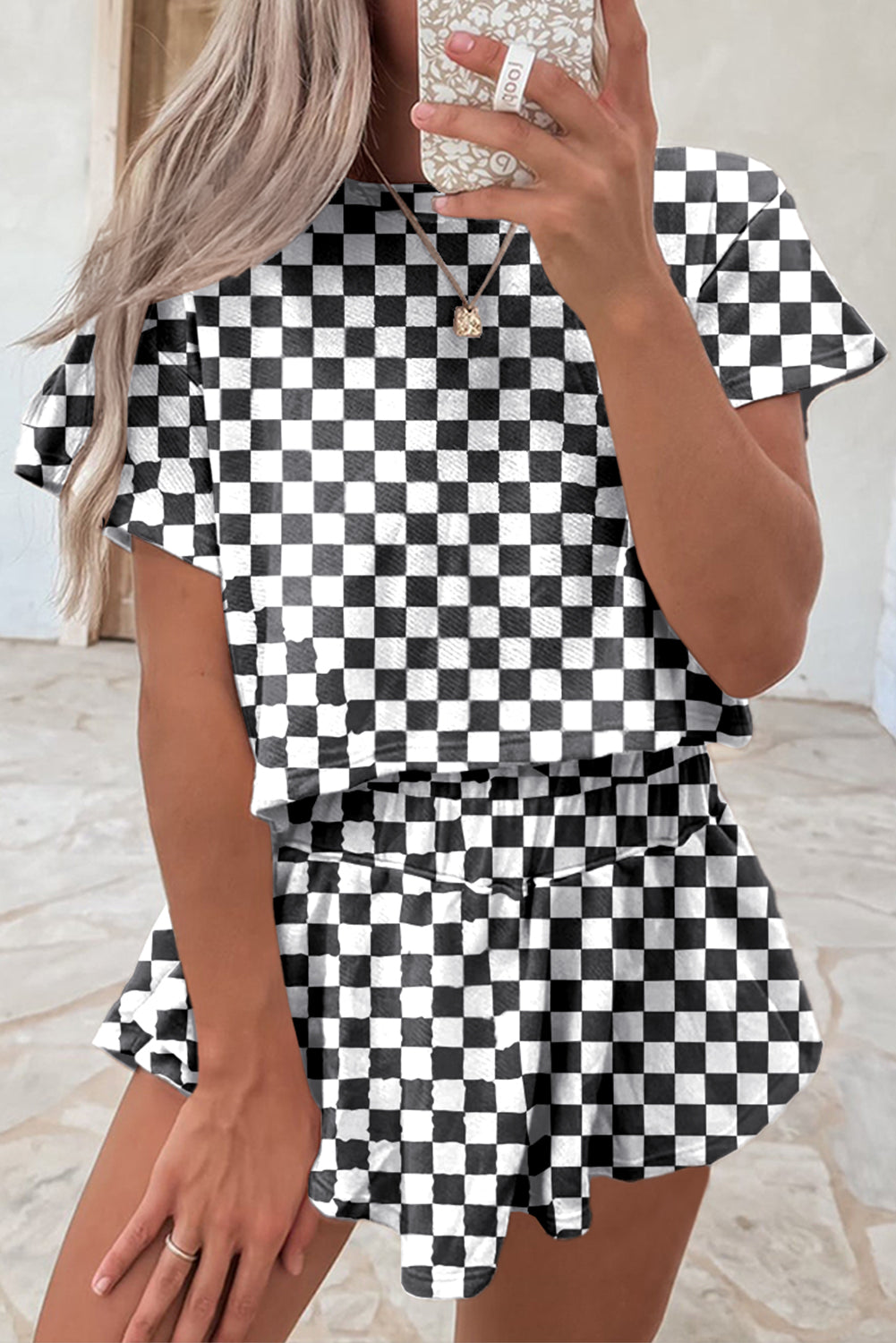 Pink Checkerboard T Shirt and High Waist Skorts 2 Piece Outfit