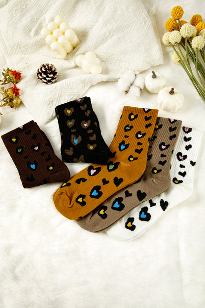 Bristol Black 5 Pairs Ribbed Trim Heart Leopard Print Socks