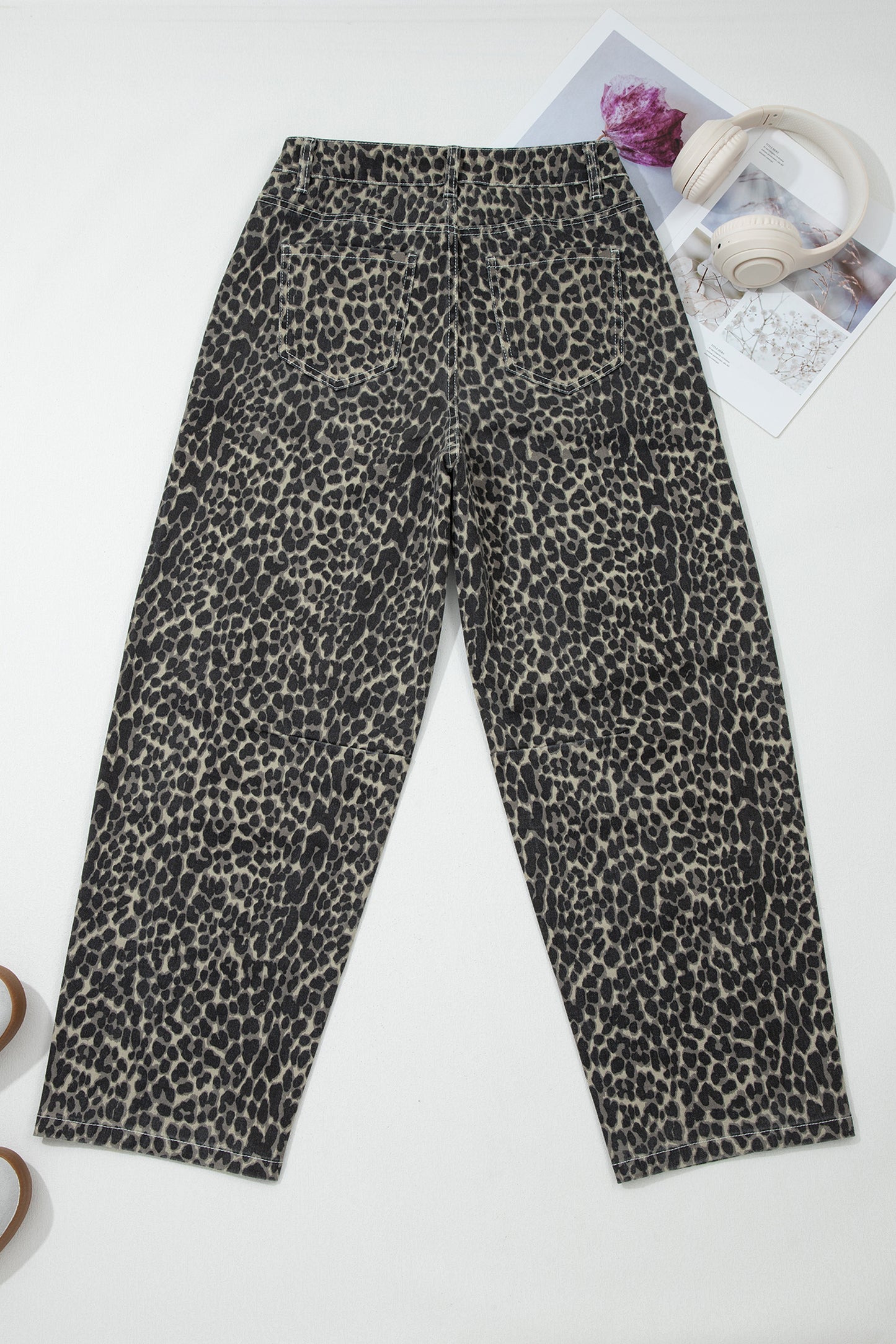 Black Leopard Print High Waist Barrel Jeans