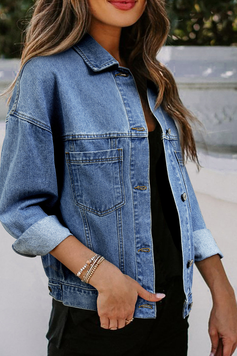 Black Washed Oversize Pocketed Denim Jacket