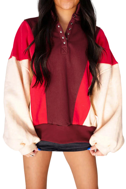 Fiery Red Color Block Patchwork Snap Button Polo Sweatshirt