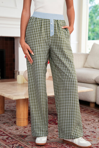Brown Plaid Button High Waist Patchwork Pants