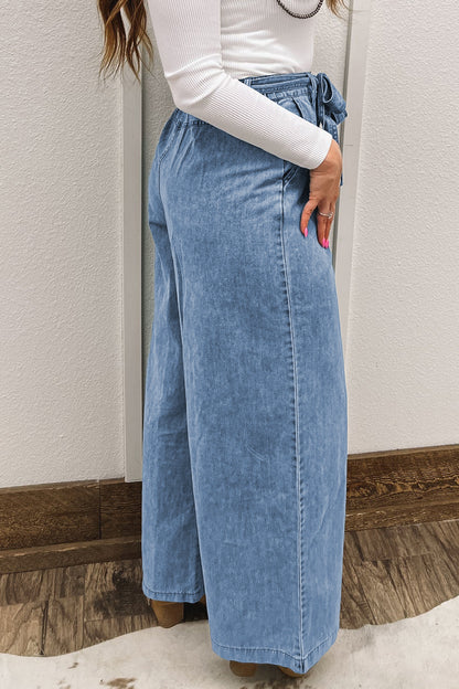 Beau Blue Western Washed Bow Knot Sash Wide Leg Jeans