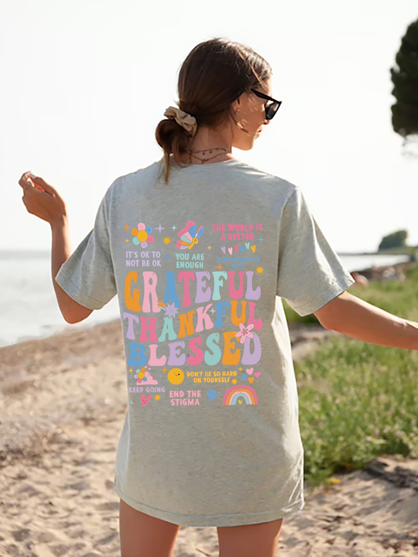 Grateful Thankful Blessed Graphic Round Neck Short Sleeve T-Shirt