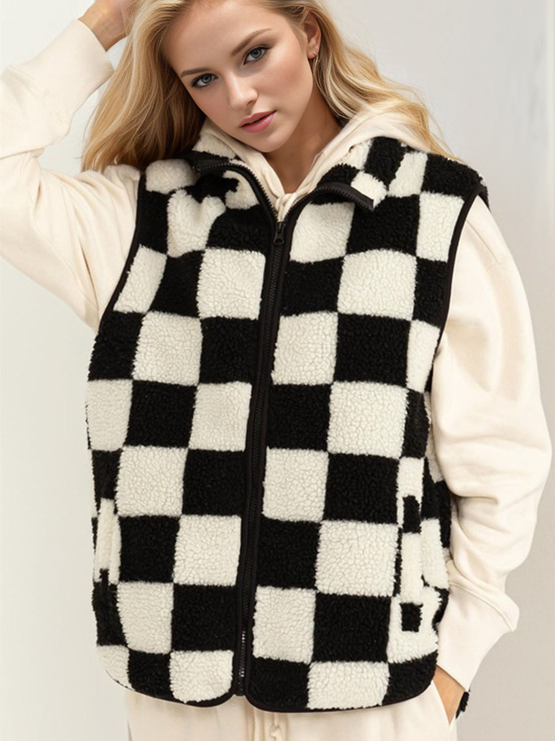 Double Take Full Size Zip Up Checkered Vest Cost