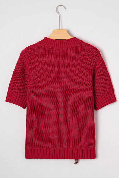 Fiery Red Plaid Lace up Detail Christmas Holiday Puff Short Sleeve Sweater