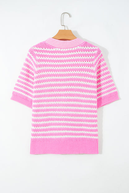 Green Stripe Short Sleeve Knit V Neck Bow Knot Sweater