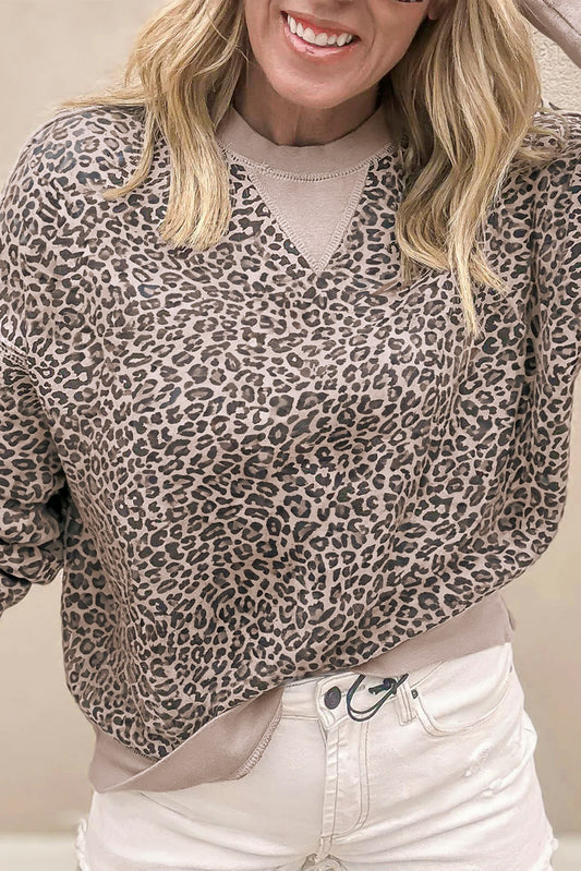 Khaki Leopard Print Patchwork Crew Neck Sweatshirt
