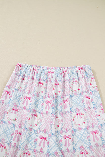 Pink Bow Wreath Pattern Christmas Holiday Tied Front Long Sleeve 2pcs Pajama Set