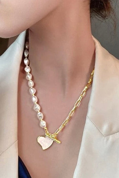 Gold Heart Shape Pendant Rhinestone Decor Pearl Chain Necklace