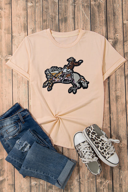Khaki Rodeo Sequins Patch Graphic Crewneck Tee
