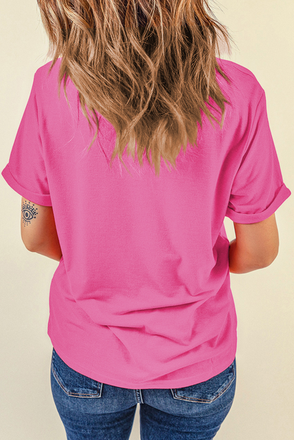 Rose Red Lets Rodeo Crew Neck Heat Transfer Printing Graphic Tee