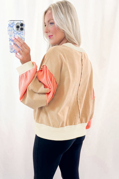 Light French Beige Color Block Textured Patchwork Pullover Sweatshirt