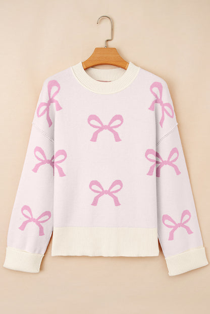 Pink Bow Print Exposed Seam Drop Sleeve Sweater