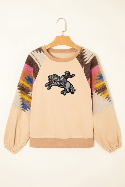 Light French Beige Rodeo Sequins Patch Graphic Fashion Sweatshirt