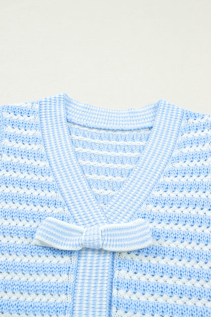 Green Stripe Short Sleeve Knit V Neck Bow Knot Sweater