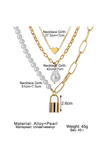 Gold Lock Heart Pendant Pearl Chain Multi-Layer Necklace