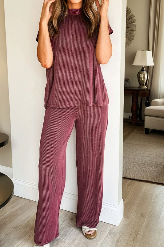 Burgundy Twisted Ribbed High Neck Loose Tee Elastic High Waist Loose Pant Set