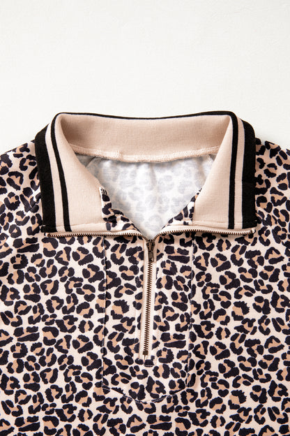 Brown Leopard Print Half Zip Striped Trim Patchwork Short Sleeve Top