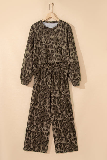 Brown Leopard Print Raw Seam Patchwork Pullover Drawstring Loose Pant Set