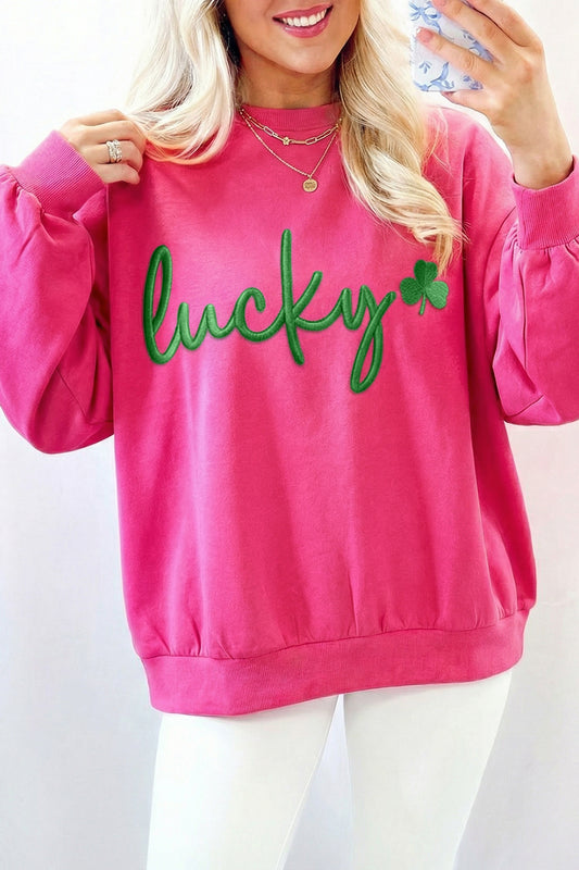 Rose Red Lucky Clover Embroidered Loose Pullover Sweatshirt