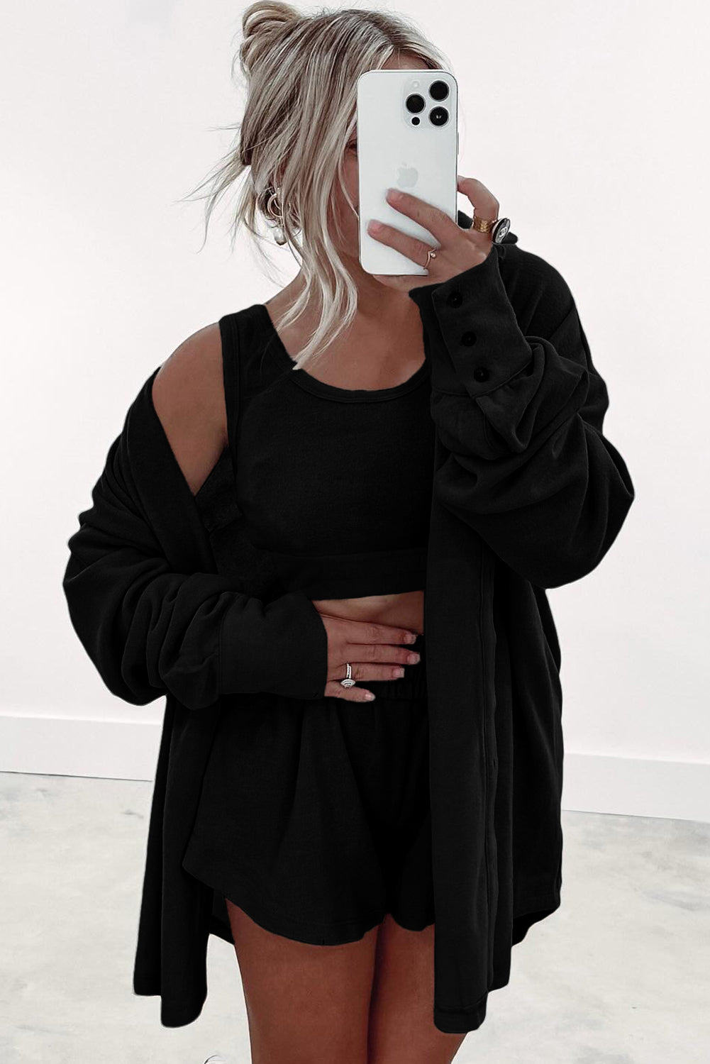 Black 3 Pcs Crop Tank Top Shorts with Cardigan Lounge Set