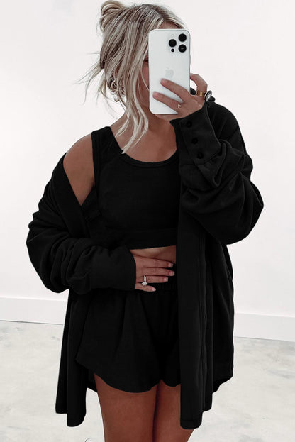 Black 3 Pcs Crop Tank Top Shorts with Cardigan Lounge Set