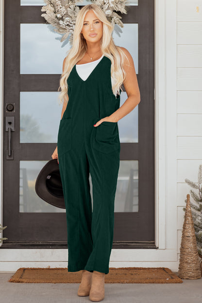 Evergreen Corduroy V Neck Patched Pocket Sleeveless Jumpsuit