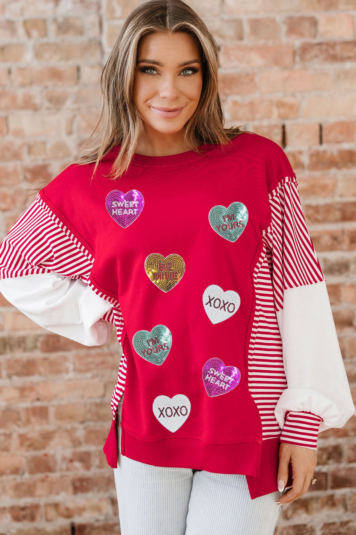 Fiery Red Valentines Day Slogan Sequin Heart Graphic Striped Color Block Patchwork Sweatshirt