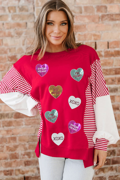 Fiery Red Valentines Day Slogan Sequin Heart Graphic Striped Color Block Patchwork Sweatshirt