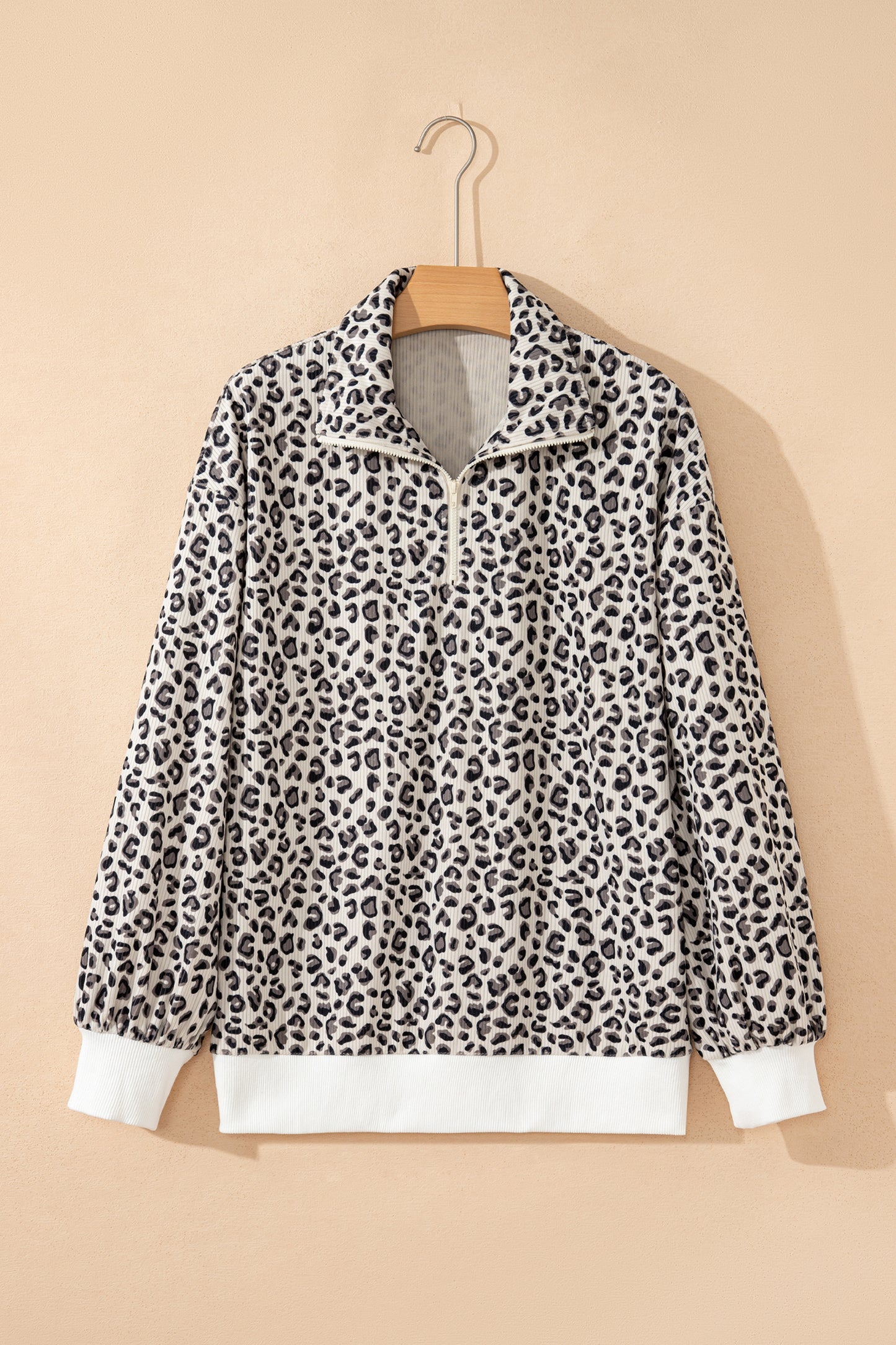 Beige Leopard Print Quarter Zip Corduroy Sweatshirt