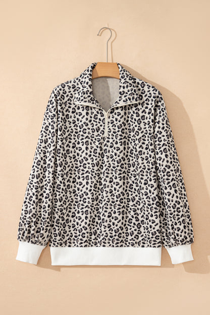 Beige Leopard Print Quarter Zip Corduroy Sweatshirt