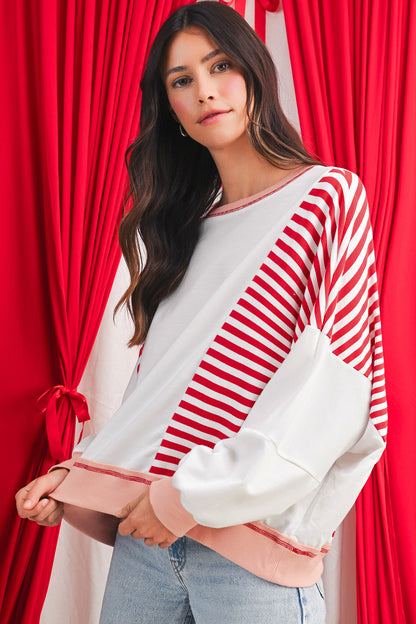 Red Striped Colorblock Patchwork Oversized Sweatshirt