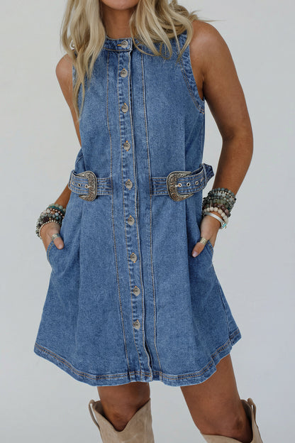 Myosotis Western Belt Button Down Sleeveless Denim Short Dress