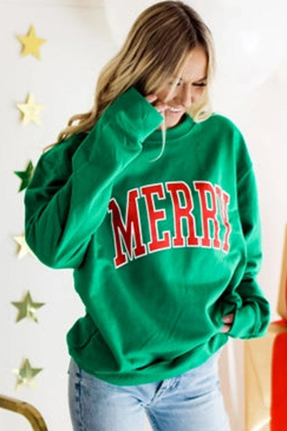 Green LUCKY Aphabet Chenille Embroidered Pullover Sweatshirt