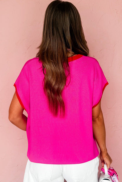 Rose Red Contrast Trim Round Neck Short Sleeve Loose Knit Top