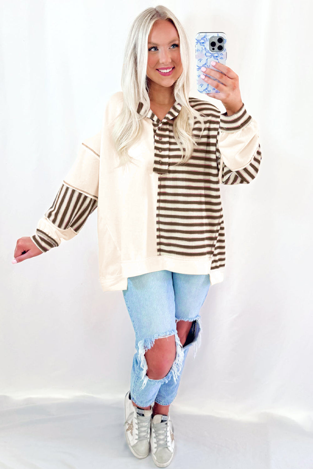 Khaki Stripe Stitched Detail Color Block Patchwork Oversized Pullover Top
