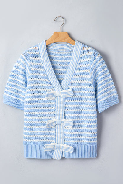 Green Stripe Short Sleeve Knit V Neck Bow Knot Sweater