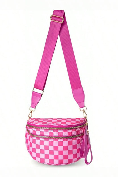 Bright Pink Checkered Print Wide Strap Large Crossbody Bag