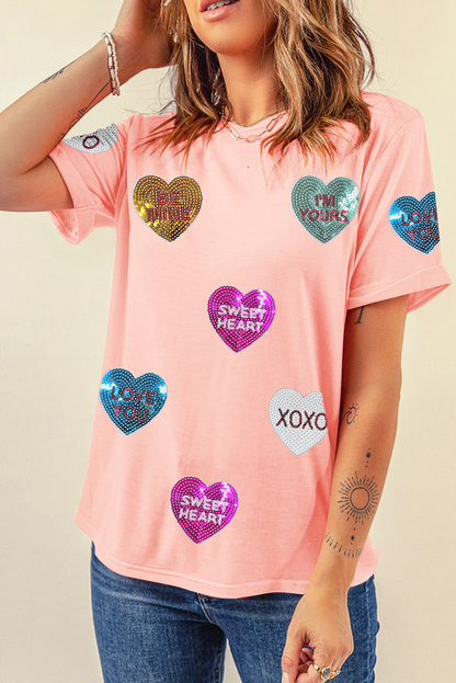 Pink Sequin Valentines Lettering Heart Patched Crewneck T Shirt