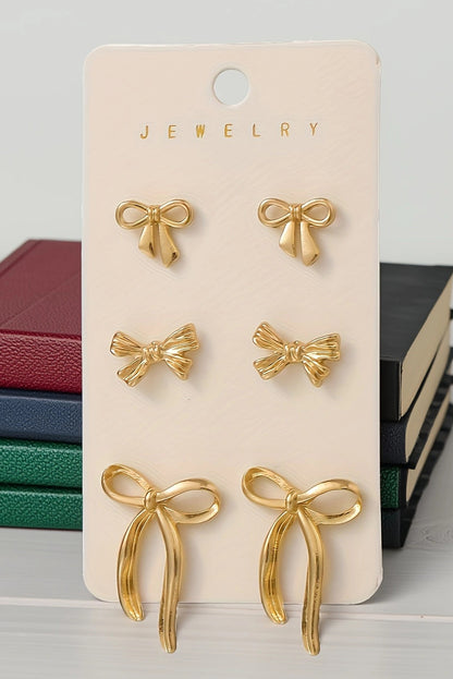 Gold 3 Pairs Bow Shape Stud Earrings Set