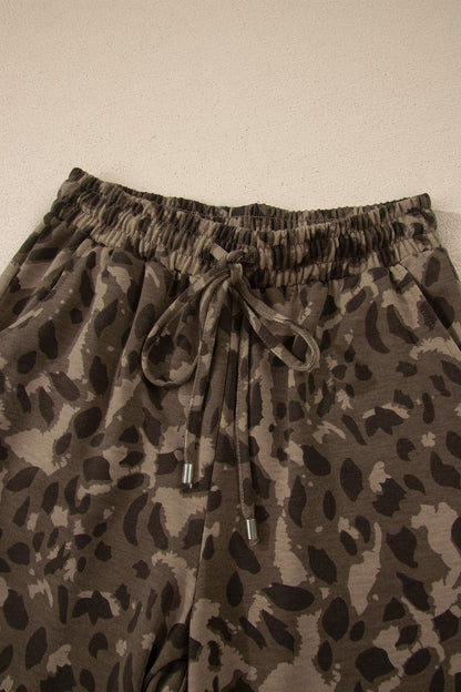 Brown Leopard Print Raw Seam Patchwork Pullover Drawstring Loose Pant Set