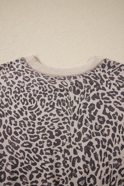 Khaki Leopard Print Patchwork Crew Neck Sweatshirt